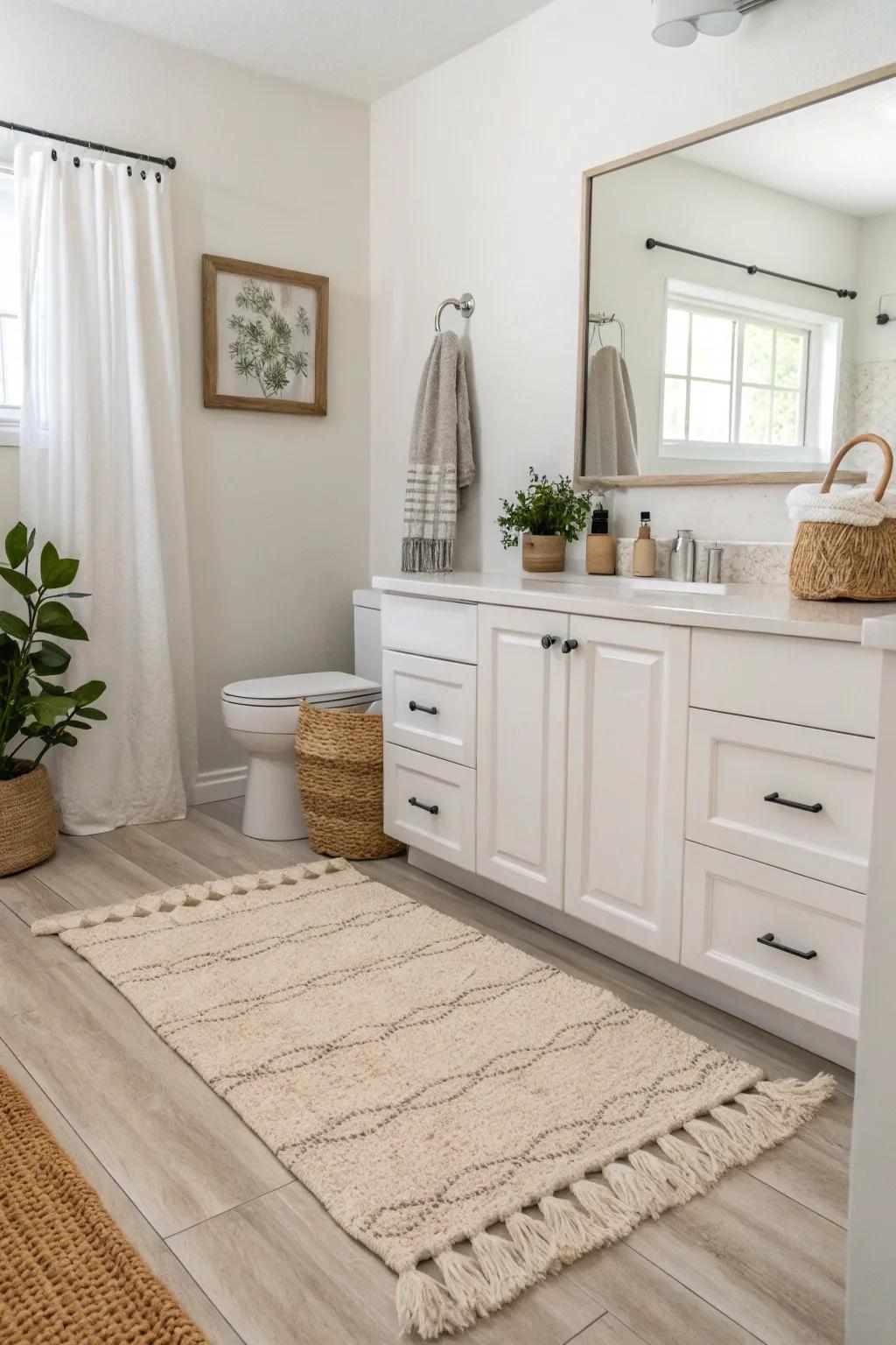 A soft floor covering adds coziness and comfort to this neutral bathroom.