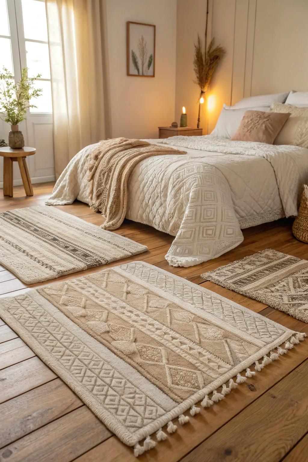 Tiered rugs heighten warmth in a neutral bedroom.