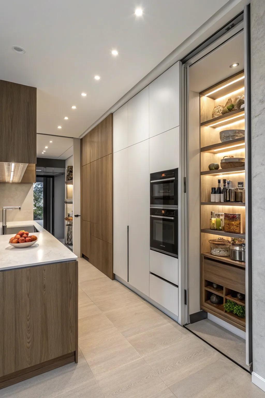 A cooking area that includes a cleverly concealed pantry.