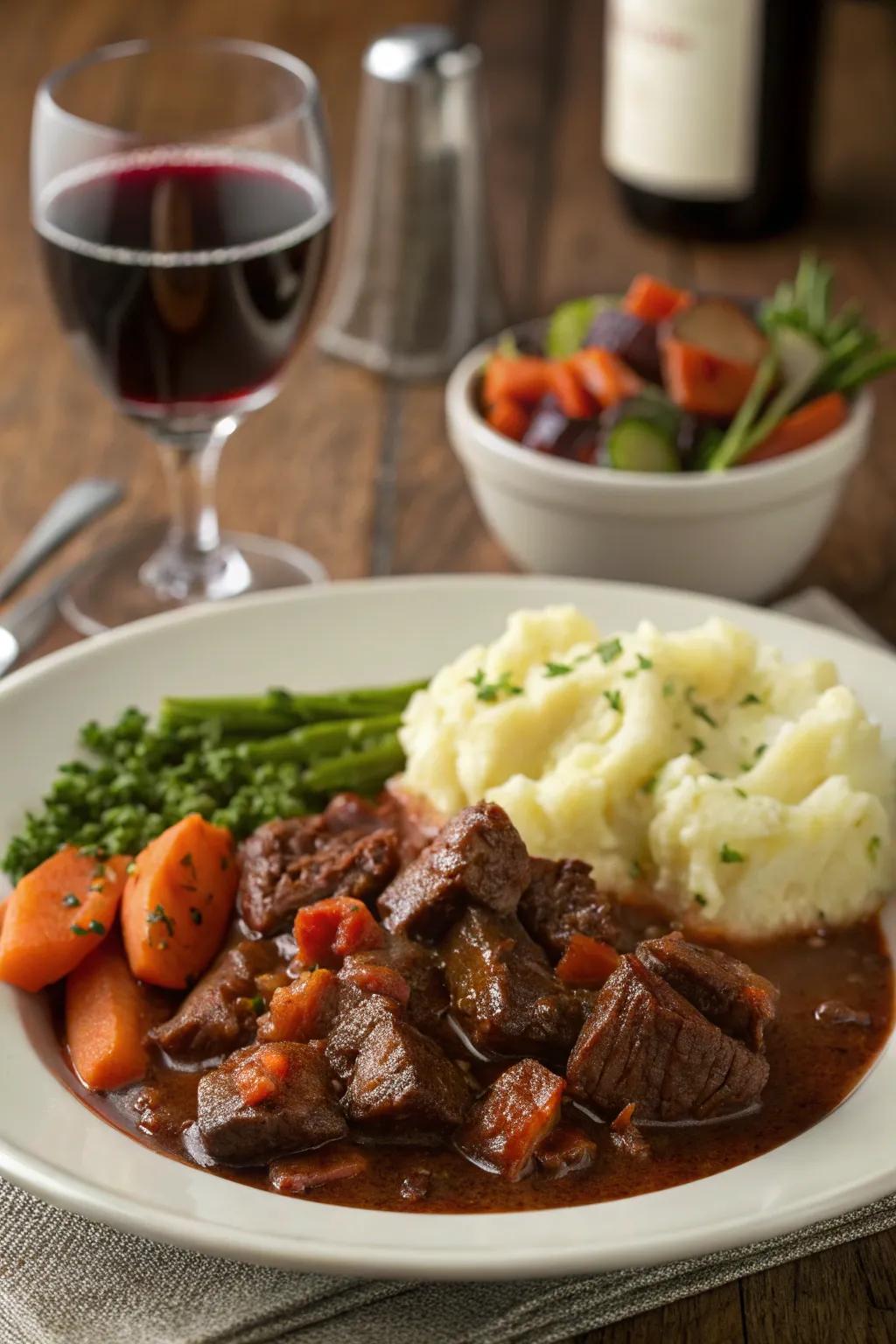 A comforting beef Burgundy, effortlessly prepared in a slow cooker for a stress-free New Year's Day.