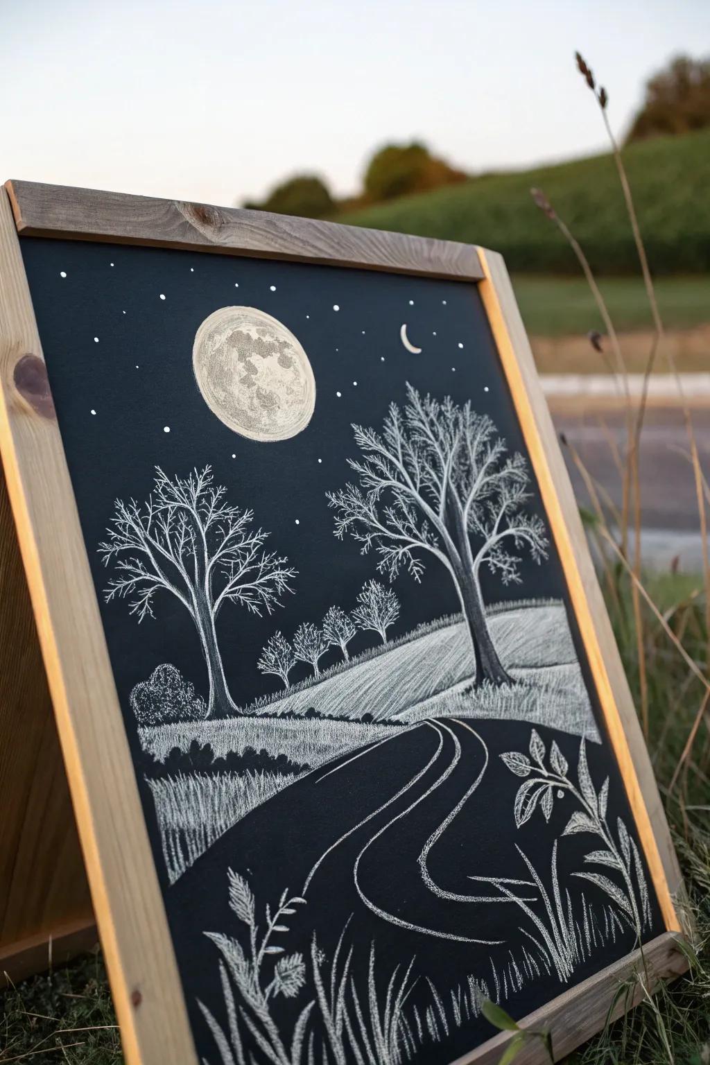 A harvest-time lunar chalkboard scene, embodying the tranquility of autumnal nights.