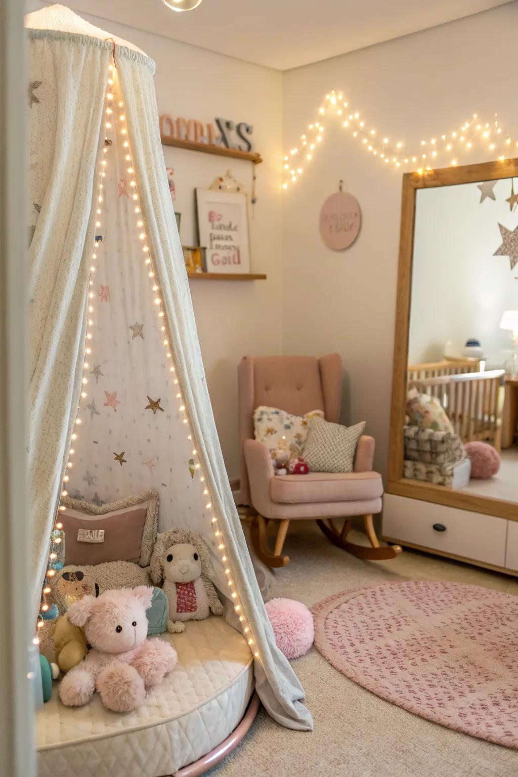 A reflector bouncing off a canopy makes the comfy vibes of this nursery better.