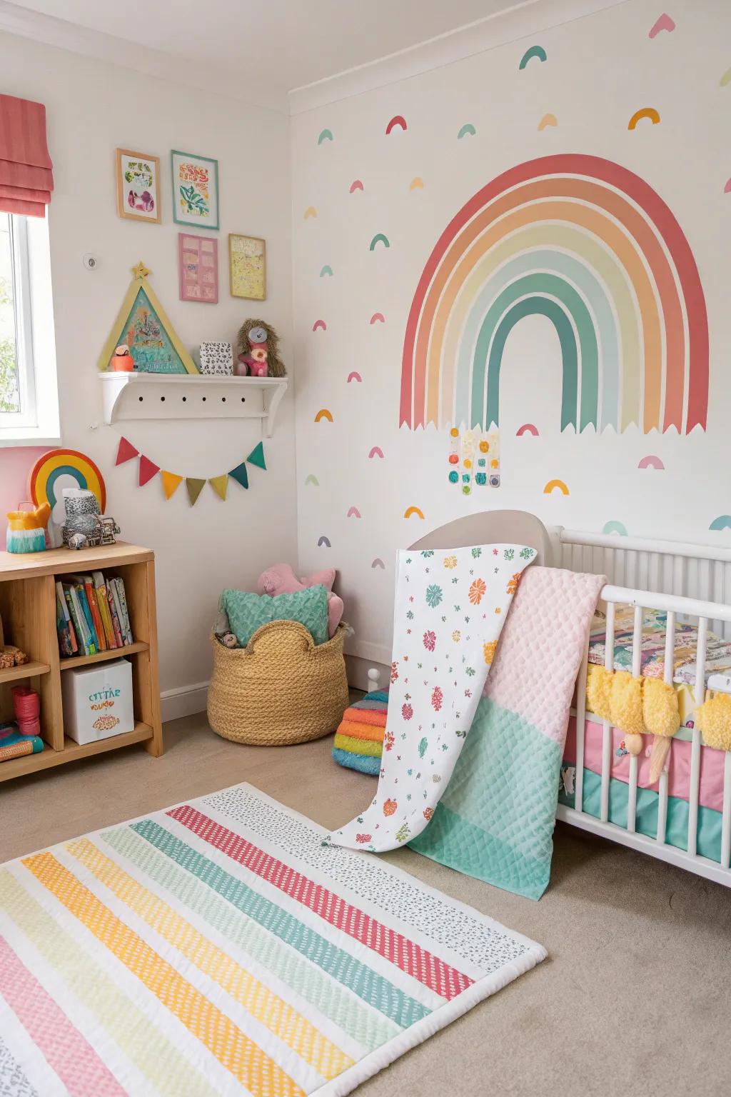 A kaleidoscopic chromatic-themed nursery that radiates joy and felicity.