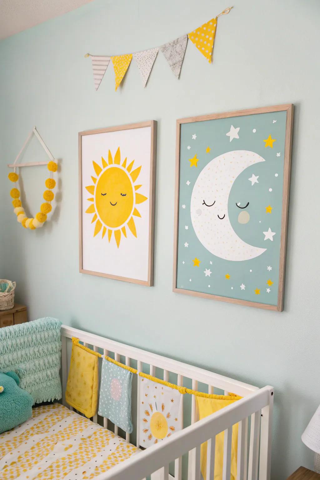 Day and night art brings peace to the nursery.