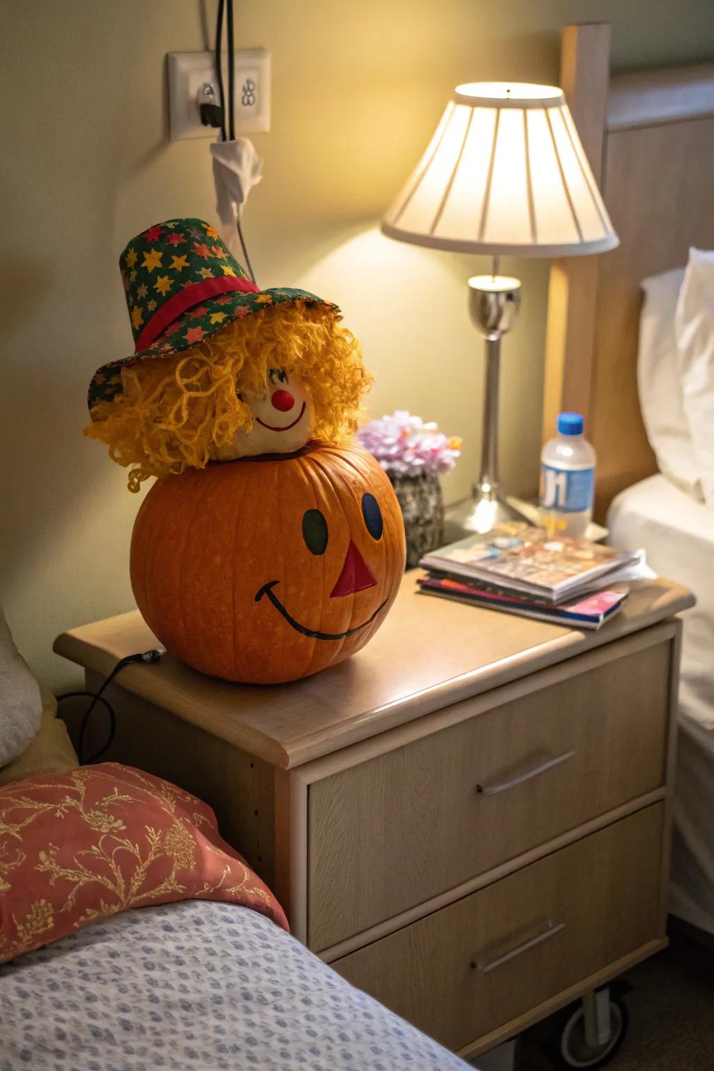 A hairpiece and head covering inject a playful persona to this pumpkin.