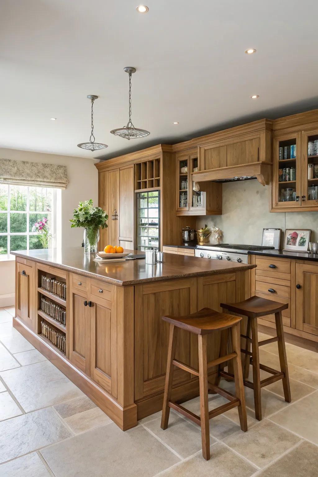 A kitchen islet enriches functionality and style to oak kitchens.