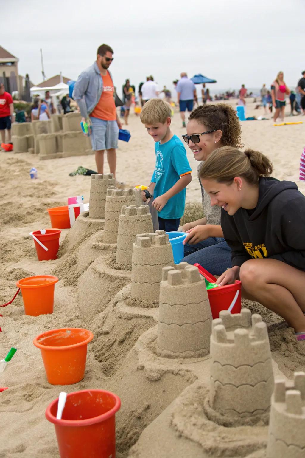 Friends relishing a joyful and captivating sand structure building challenge.