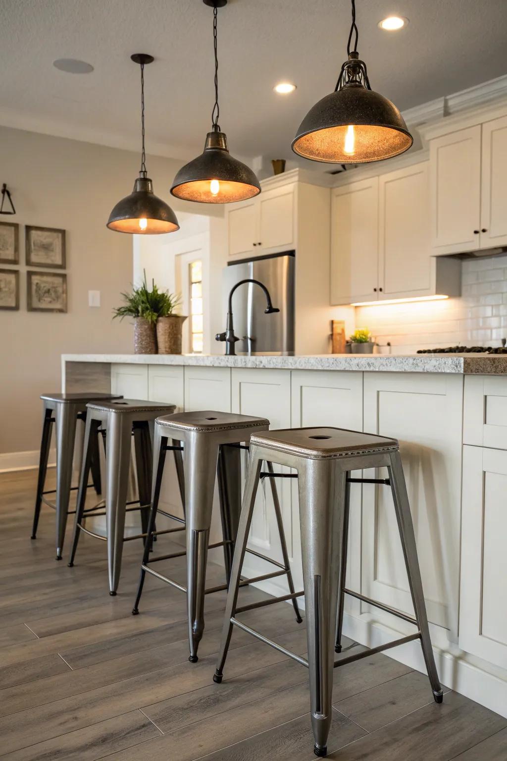 Manufacturing touches impart an edge to creamy white cooking areas.