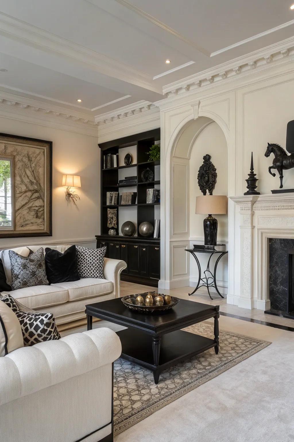 Bold black elements add drama to an off white space.