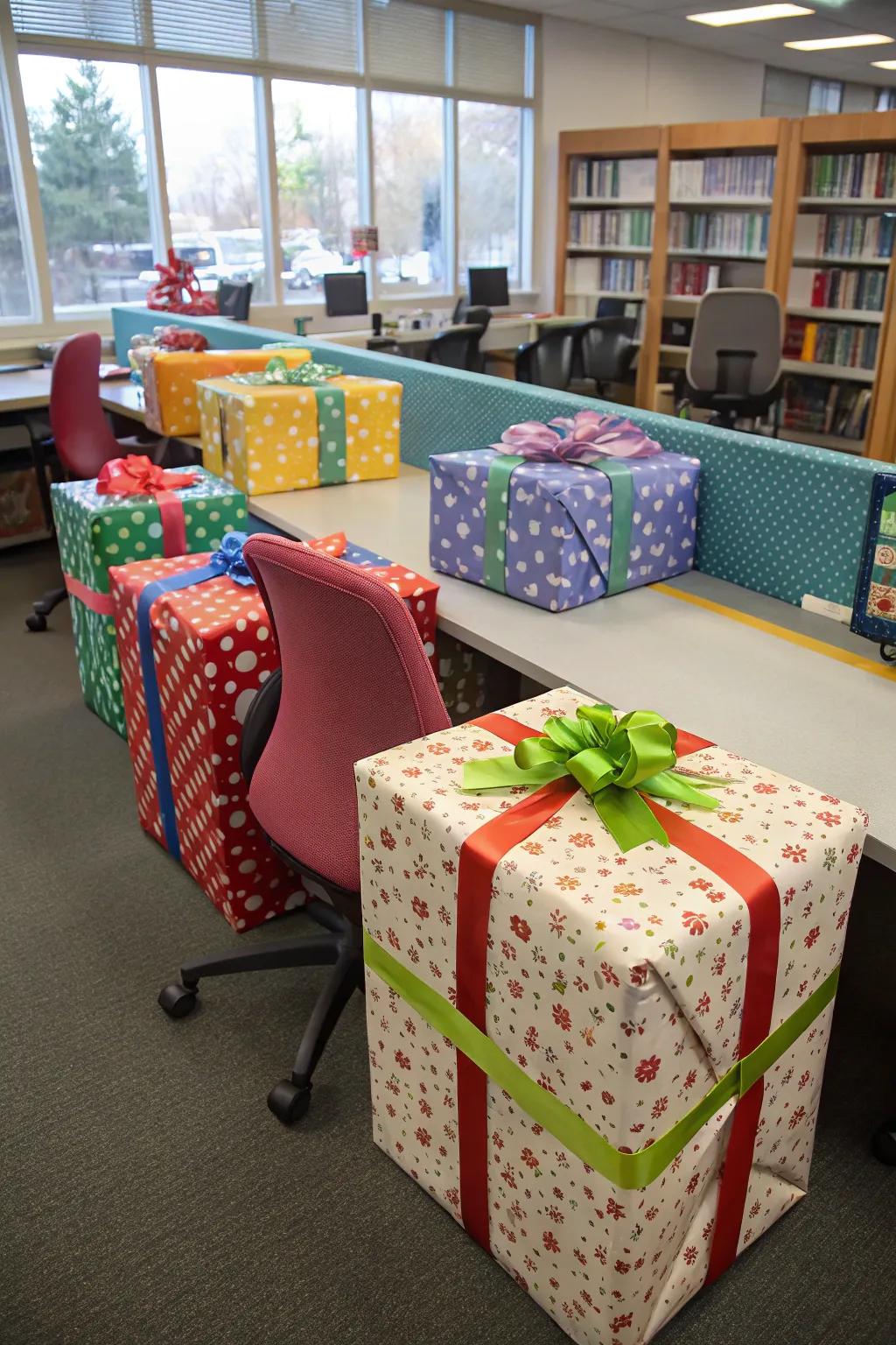 Present wrapping transforms mundane office furniture into festive surprises.