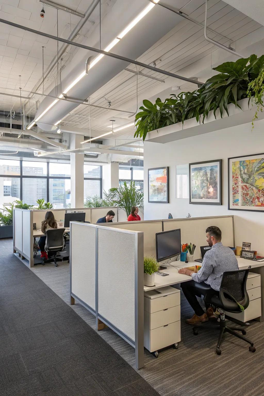 Half-wall partitions establish defined yet expansive zones within offices.