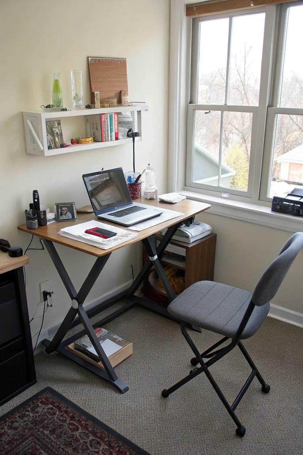 Change between sitting and standing with an adjustable desk.