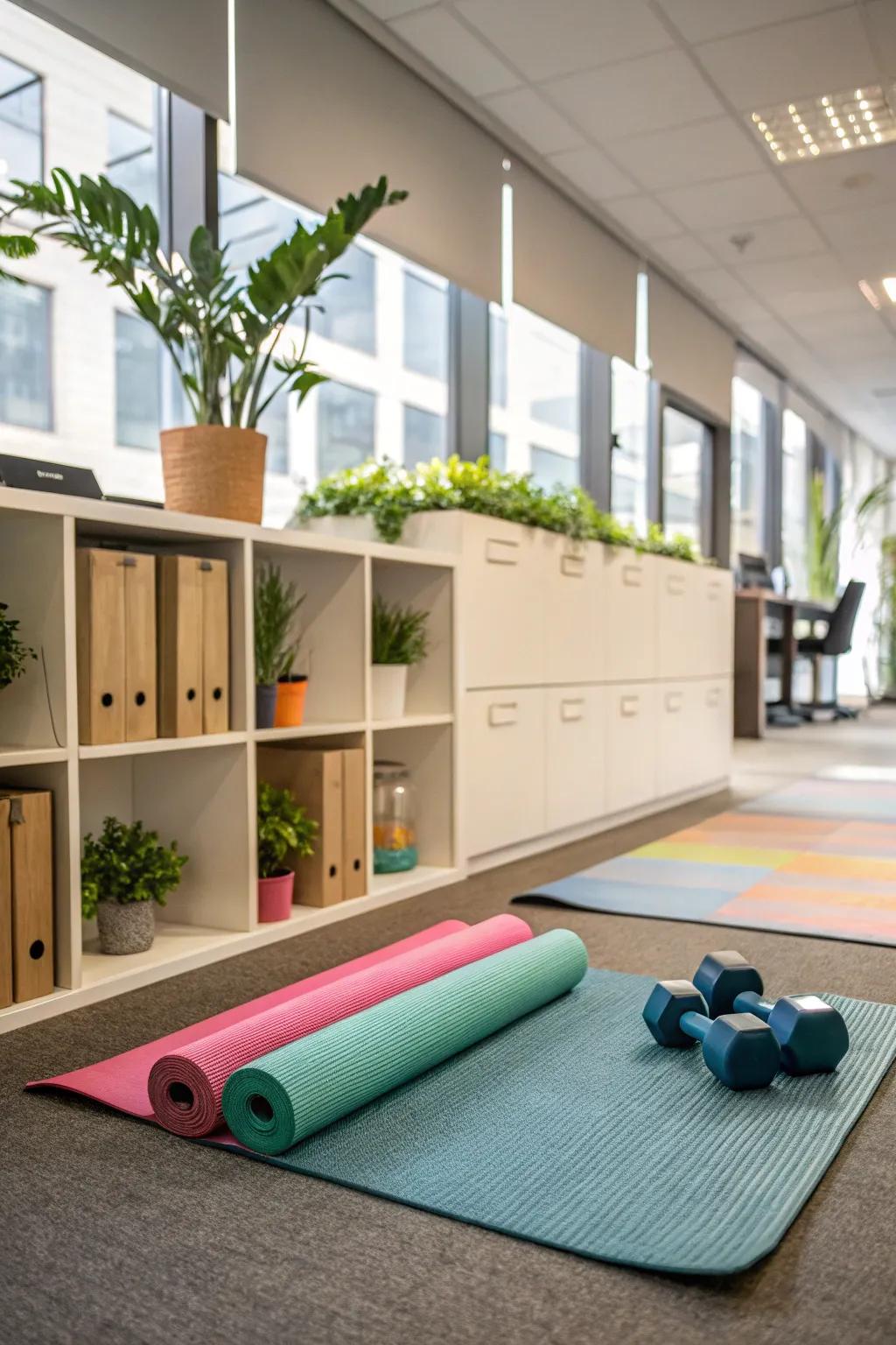 A compact well-being space for quick exercise breaks.