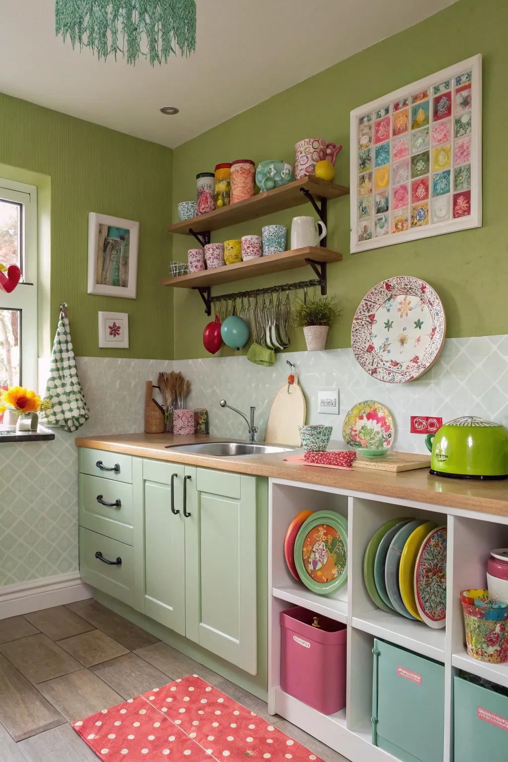 Olive green walls impart a revitalizing touch to the kitchen.
