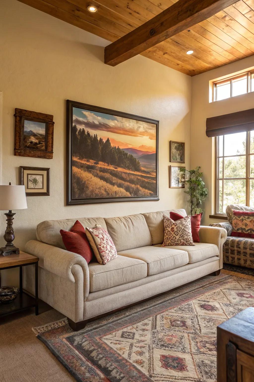 Artistic aspects add personality and charm to the living room.