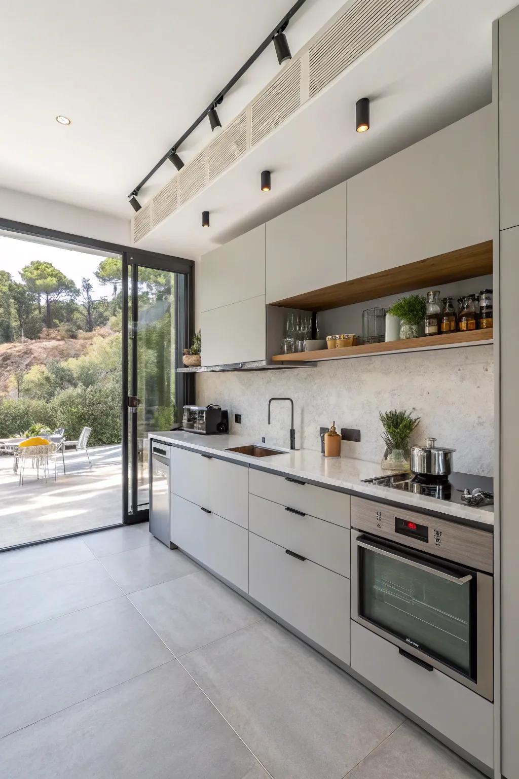 Versatile fittings heighten effectiveness in a single-wall kitchen.