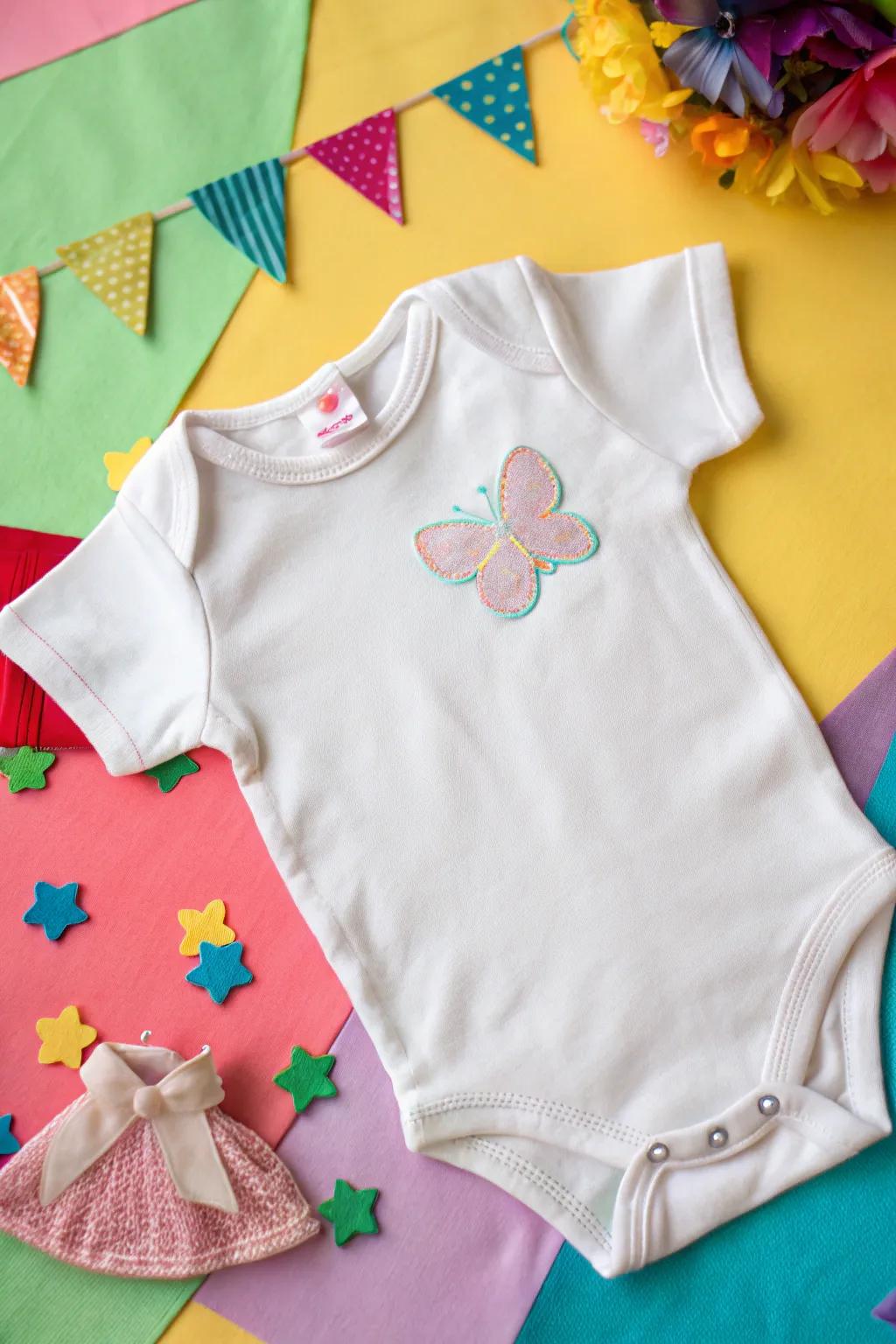 A textured onesie featuring a fanciful butterfly fabric add-ons.