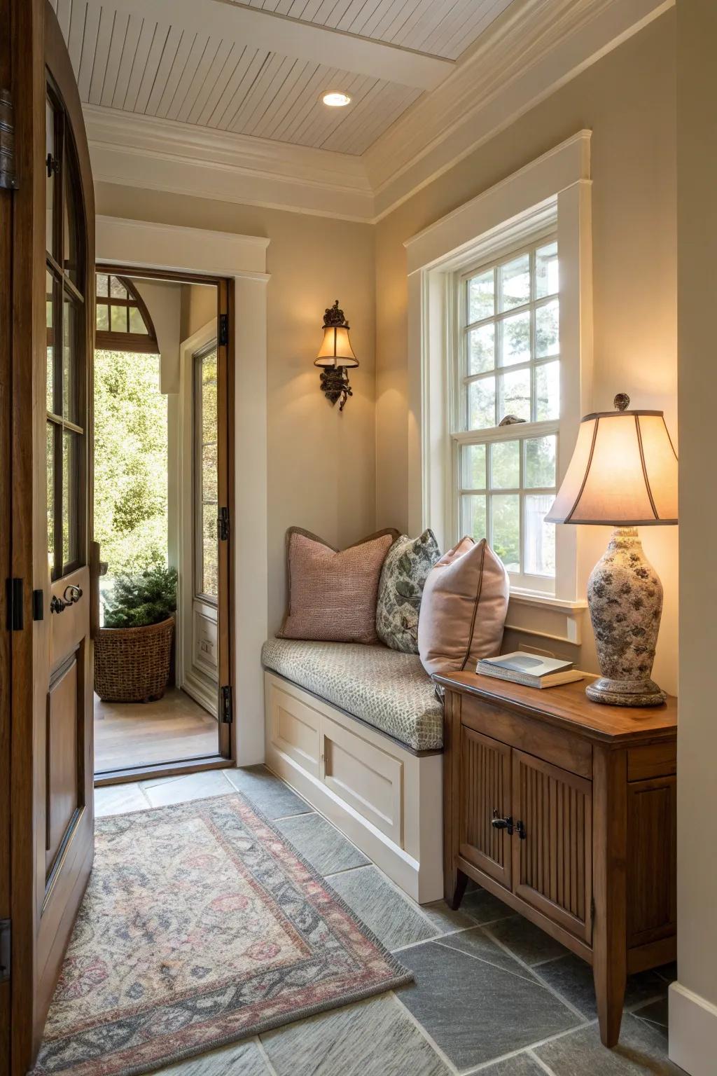 Resting spots in entryways invite relaxation and warmth.