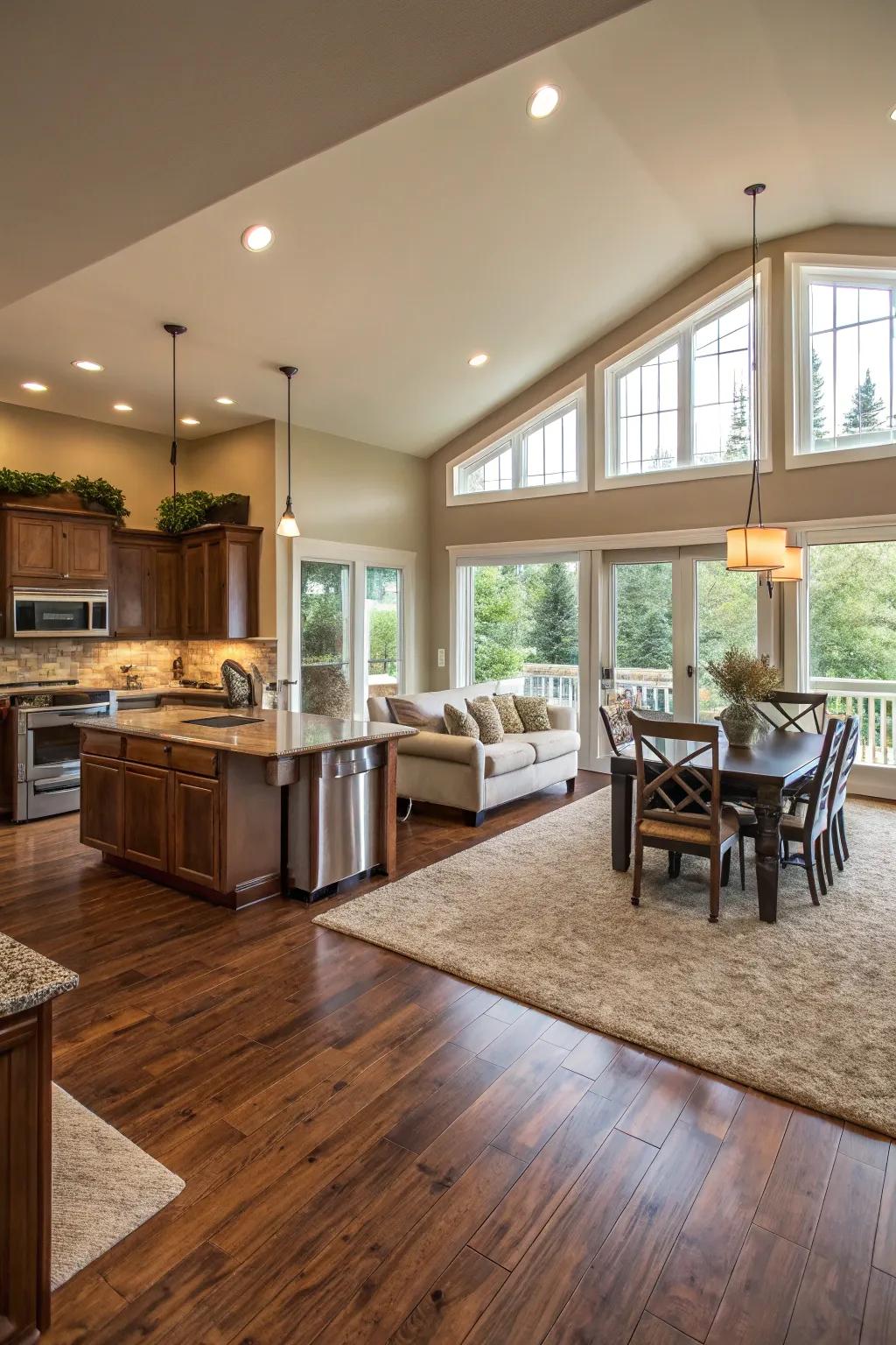 Sectional ground covering defines spaces without the need for walls.