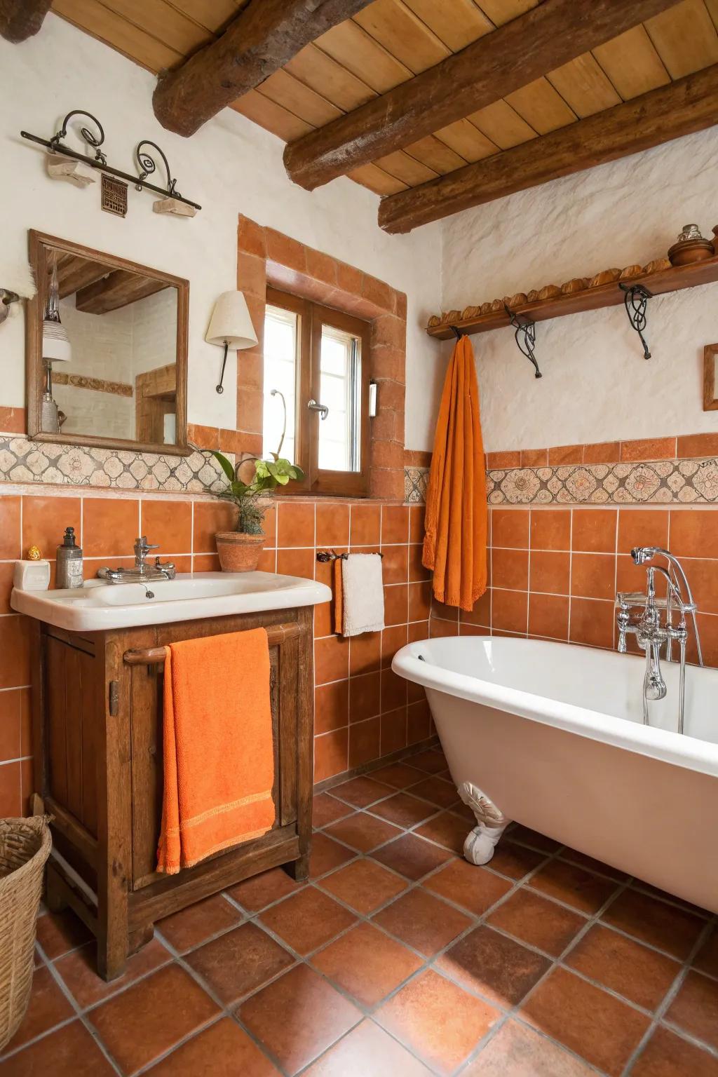 A rustic bathroom showcasing terracotta tiling and orange details.