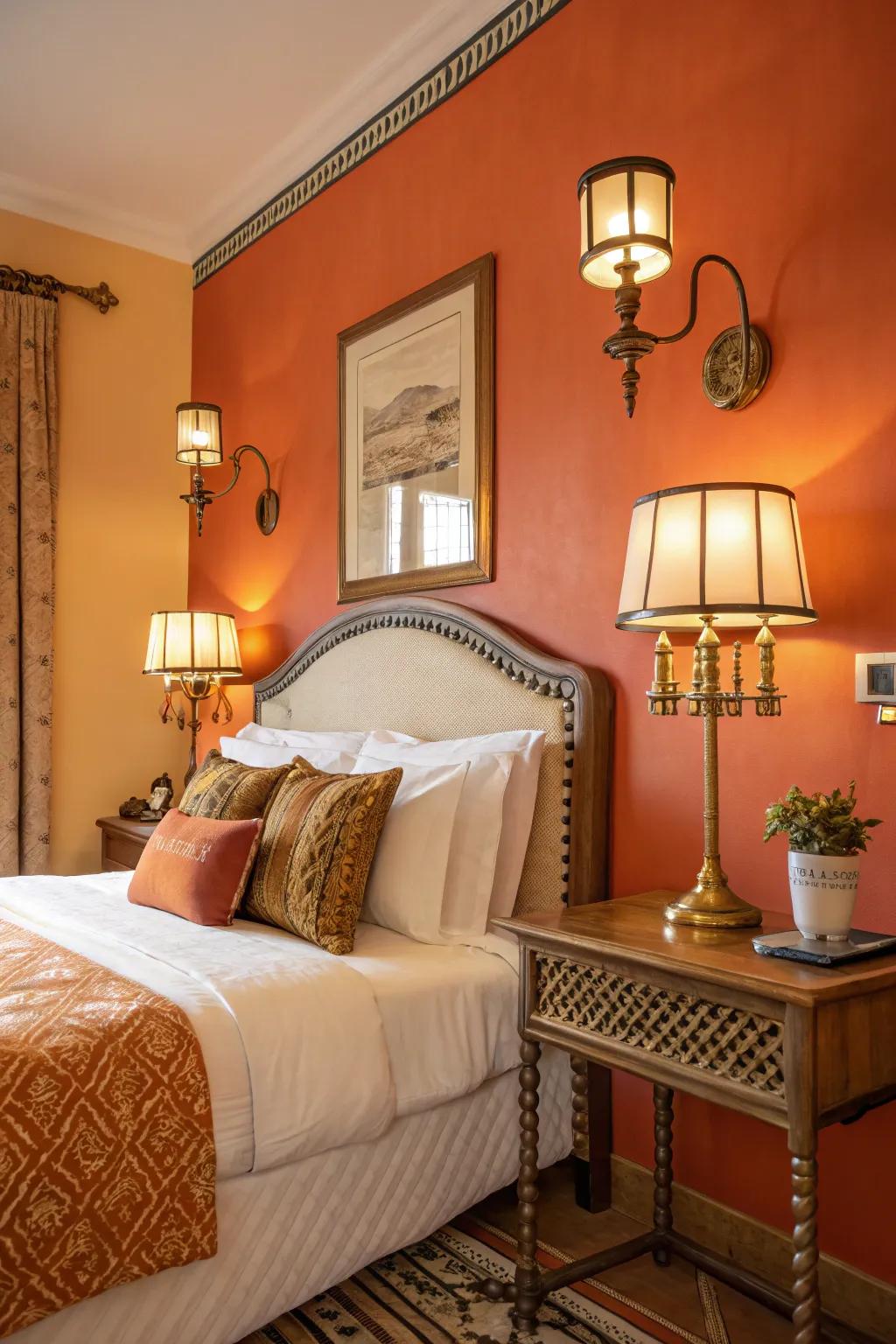 Brass details instill elegance to the vintage vibe characteristic of walls painted orange.