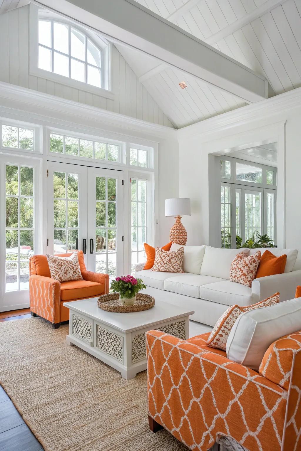 Imagine a sleek and modern space featuring orange set against the backdrop of white.