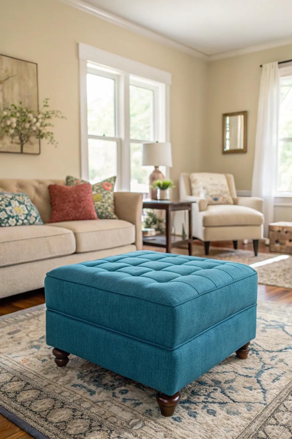 A bold ottoman serves as a striking design embellishment in a neutral room.