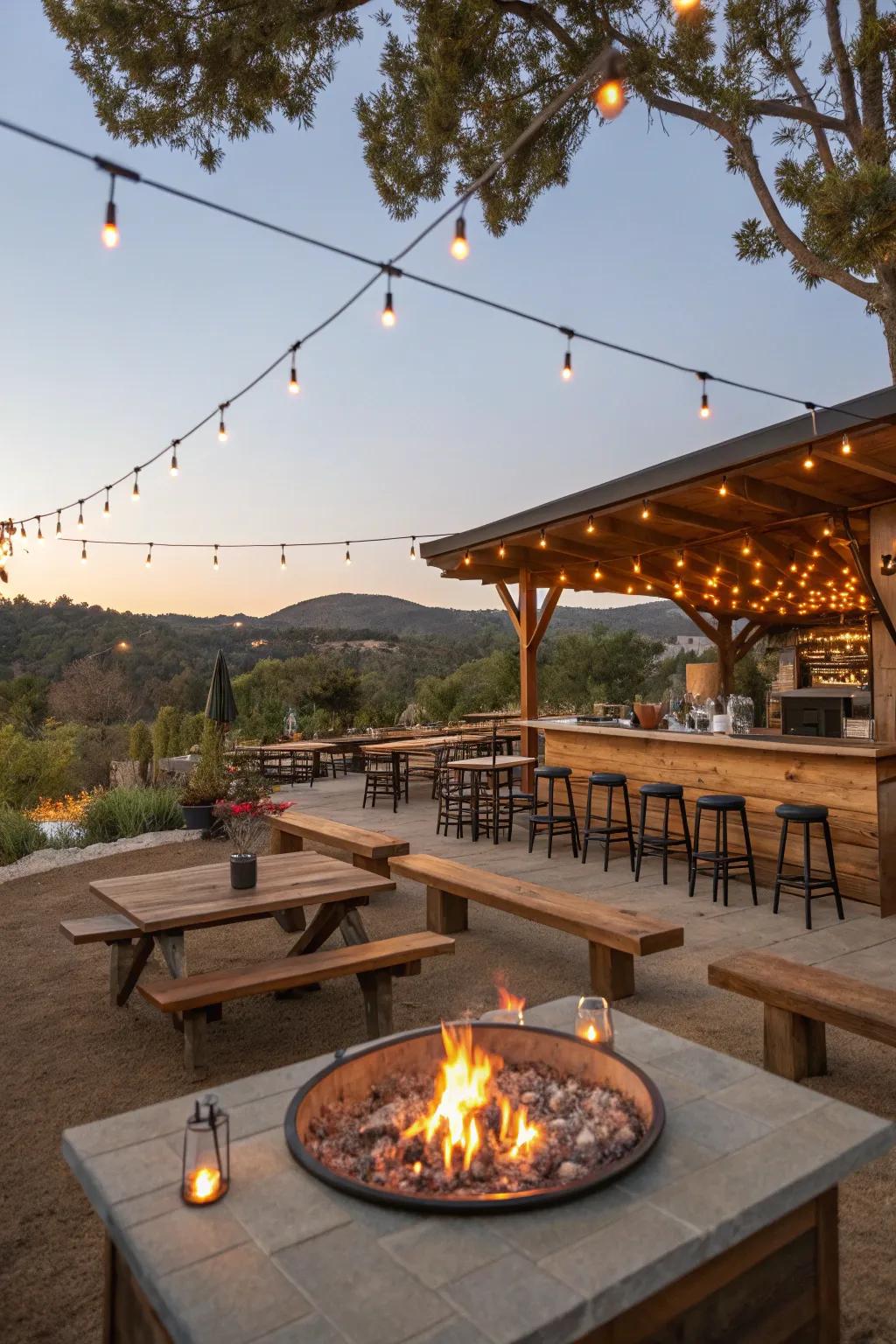 A fire pit, adding a touch of magic to the bar.