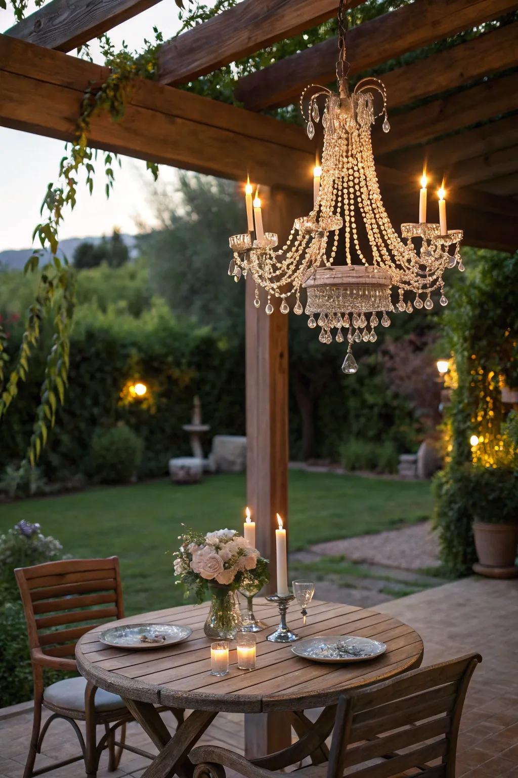 Convert your patio into a romantic refuge with a crystal light fixture.