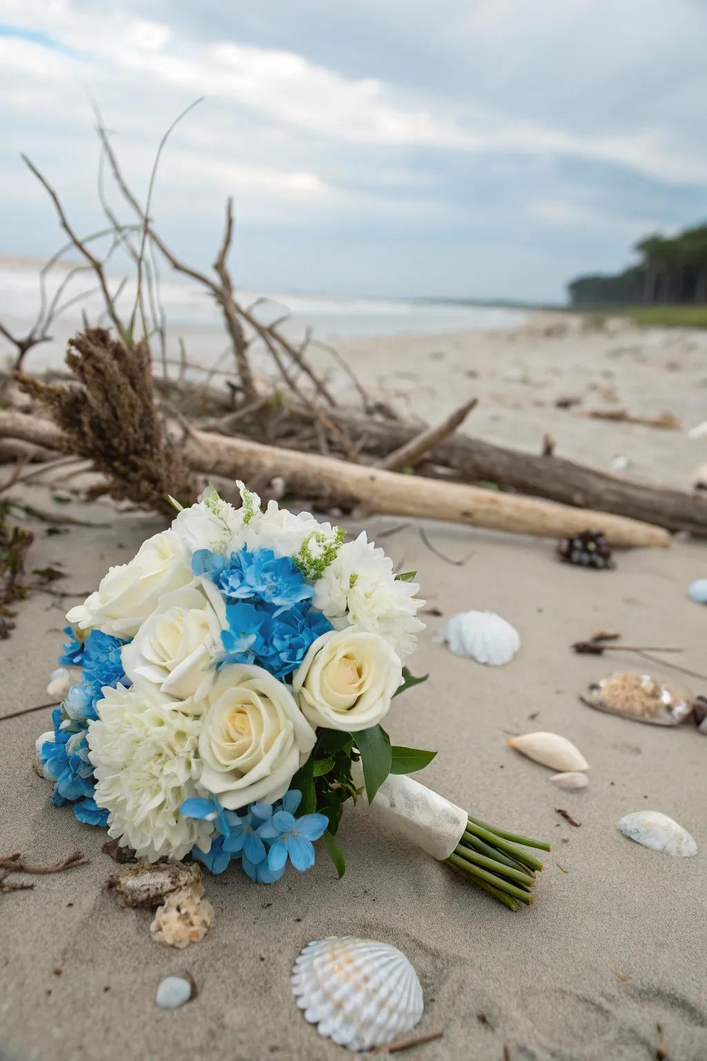 A beach-themed flower arrangement featuring blue and white blooms, evoking a coastal atmosphere.