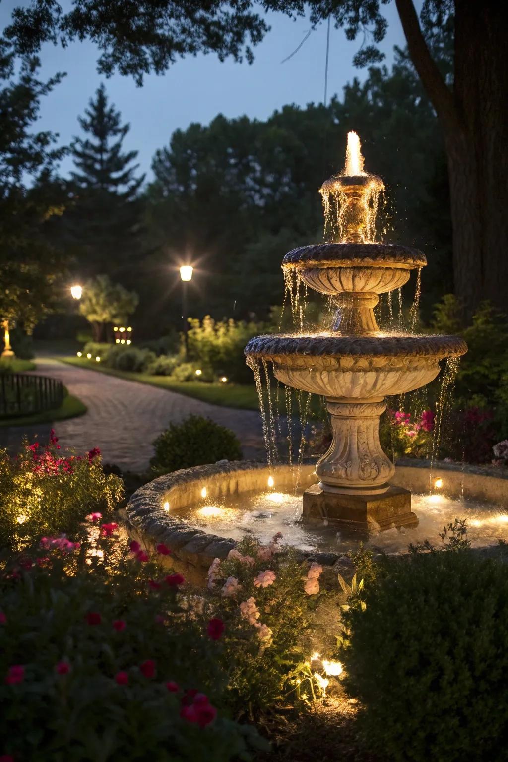 Illuminated fountains build a bewitching ambiance after dark.