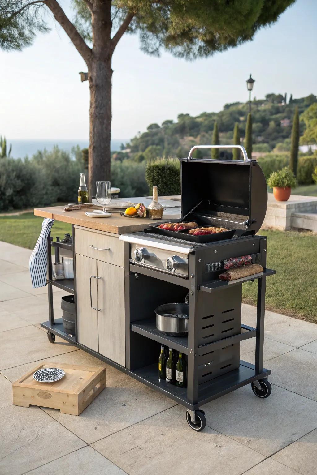 A versatile cooking station cart, prepared to move wherever it’s needed.