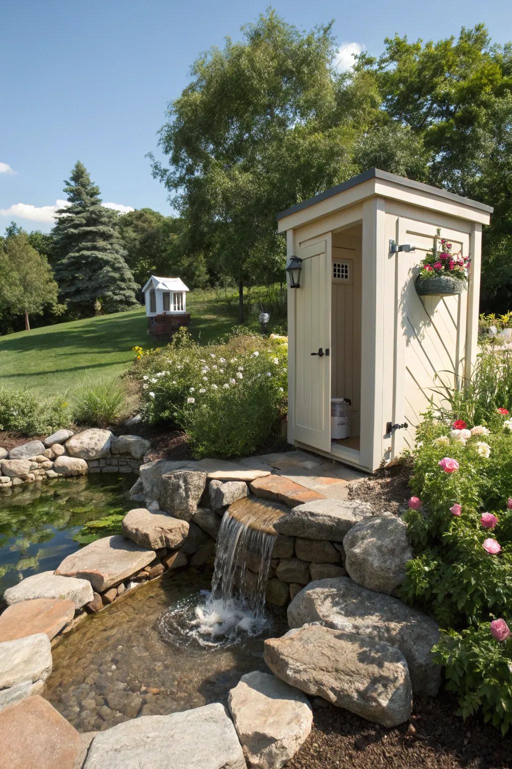Aquatic attributes contribute tranquility to outdoor restrooms.