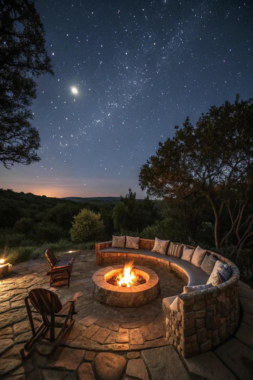 A bonfire zone adds warmth and a gathering point for outdoor evenings.
