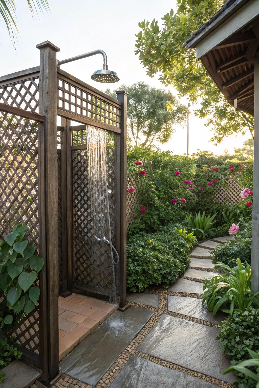 A charming outdoor shower featuring intricate lattice paneling.