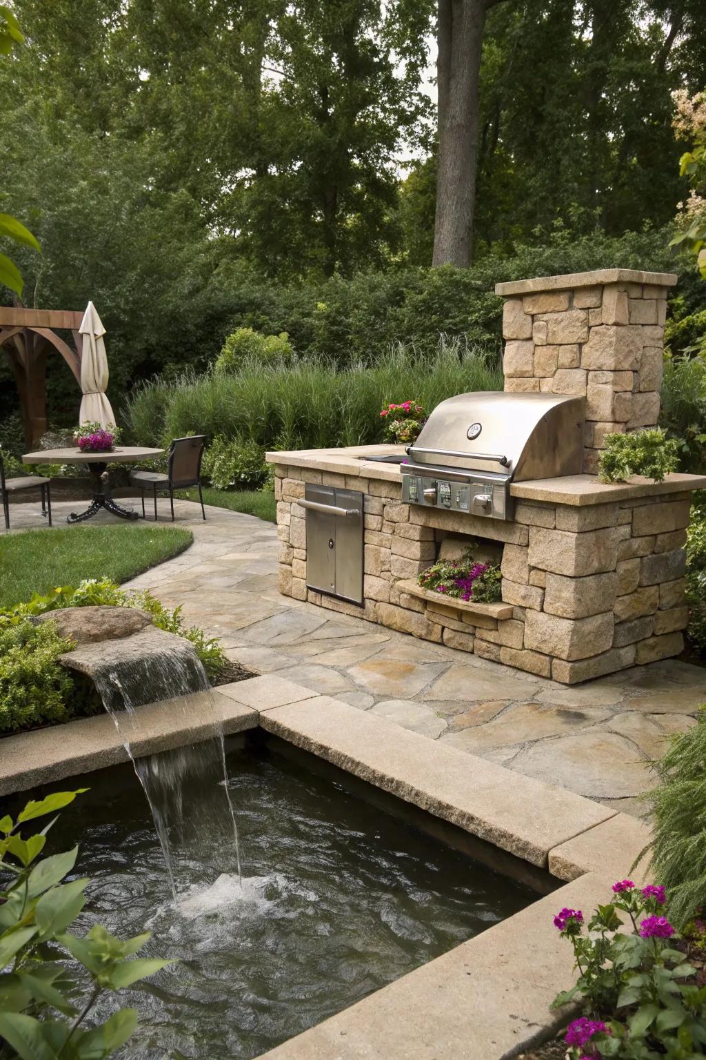 Add tranquility to your BBQ zone using an adjacent aquatic detail.