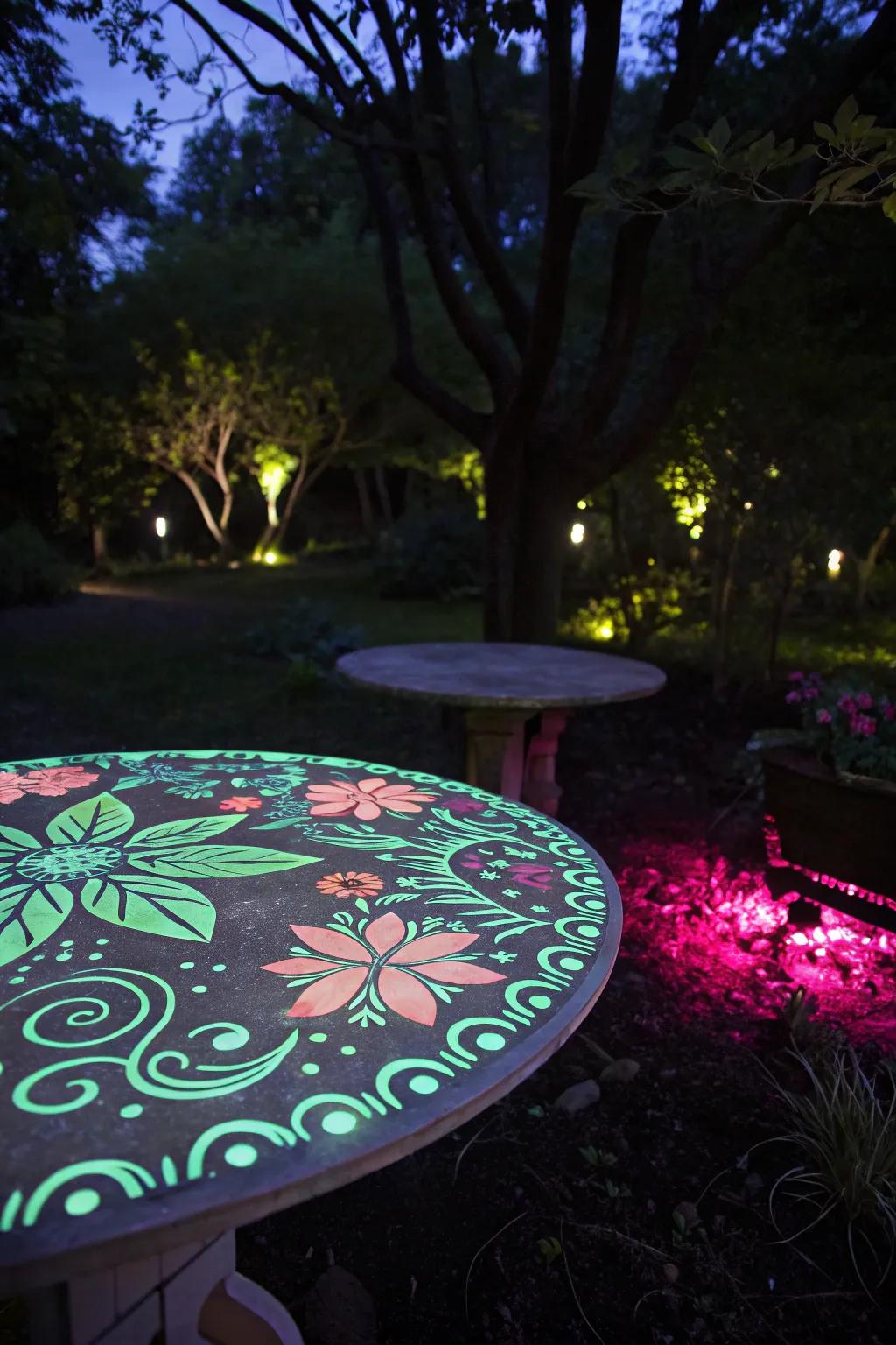 Glow-in-the-dark table tops create magical effects in the garden at night.