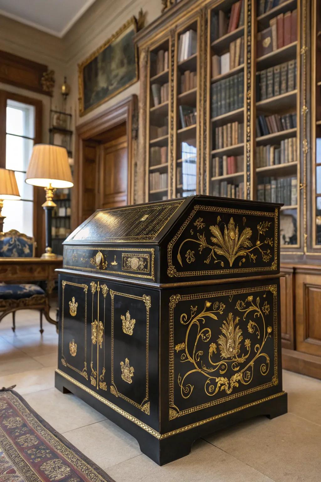 Timeless beauty with a dark and golden chest.