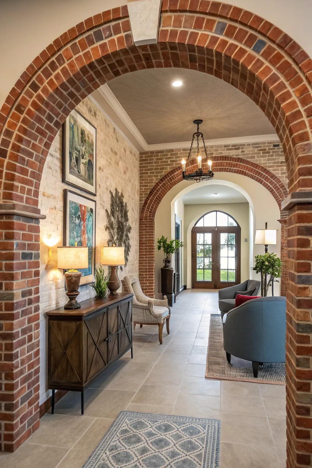 An entry with character thanks to accent colored arches on the brick wall.