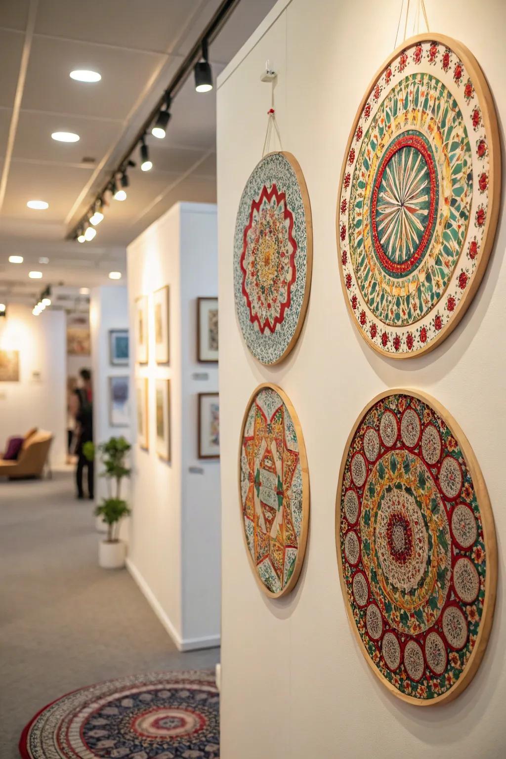 Room featuring artistic round-patterned board designs.