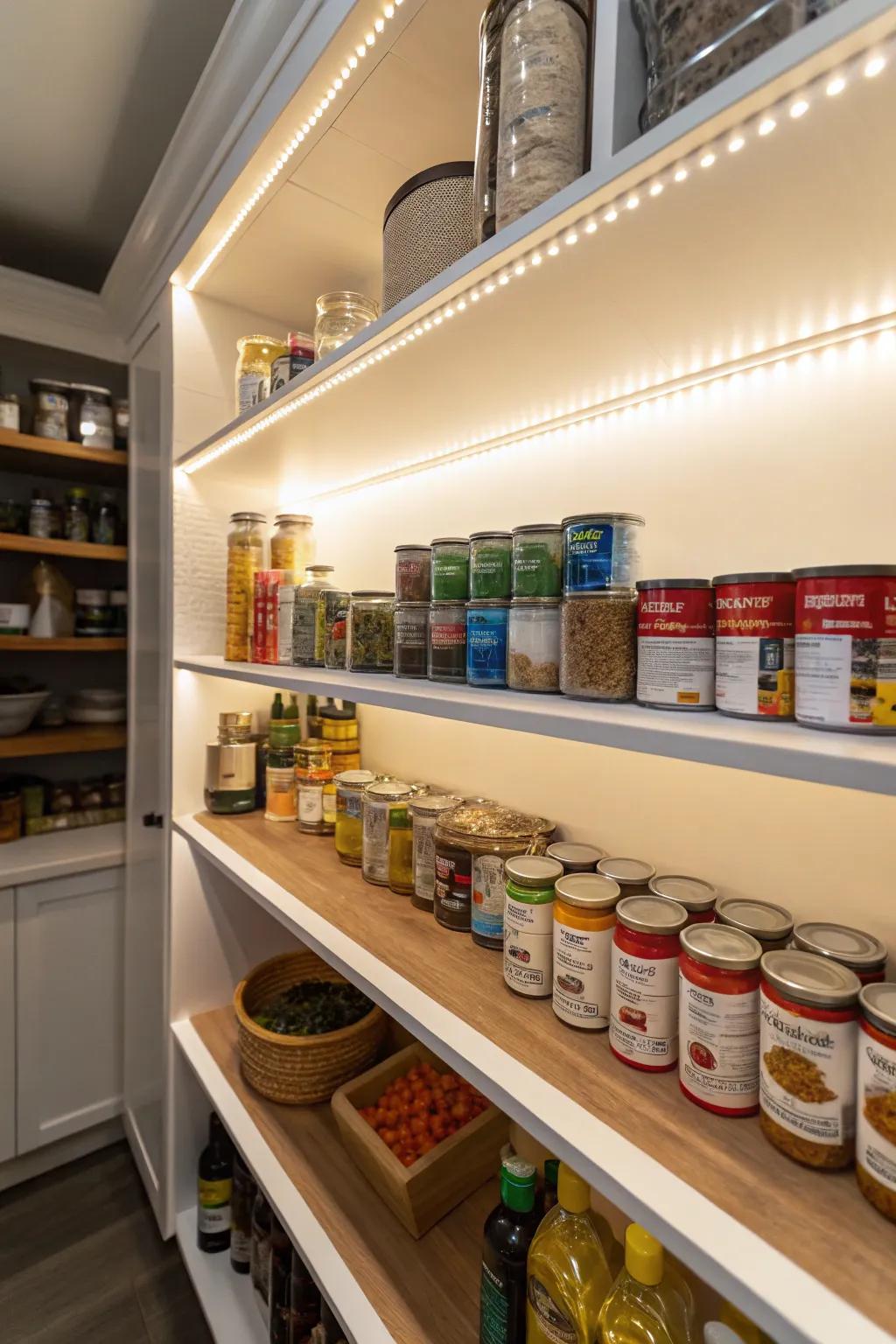A pantry fitted with built-in LED lights, creating a lavish shine.