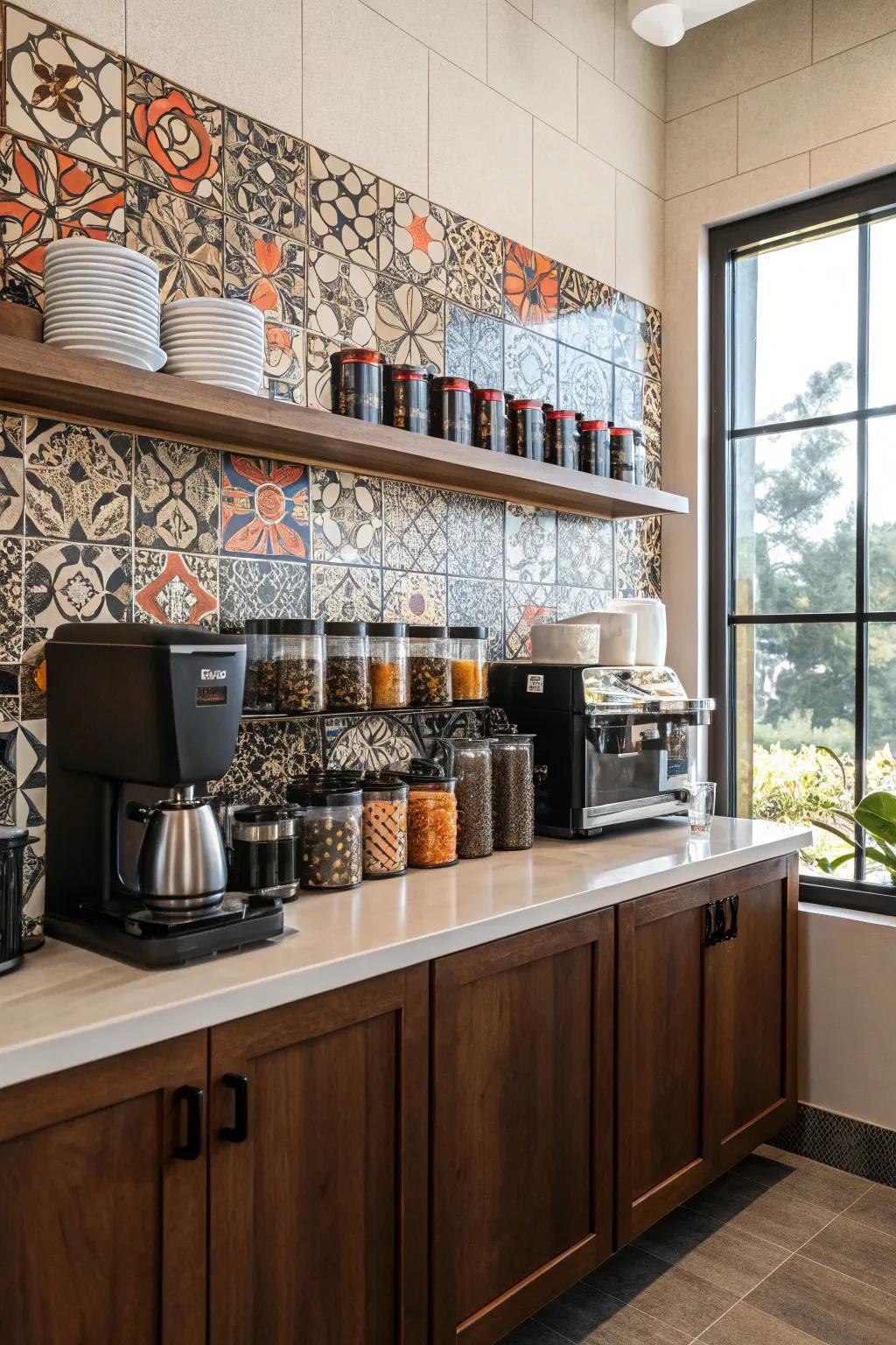 A strong backsplash creates a striking assertion in your coffee bar.
