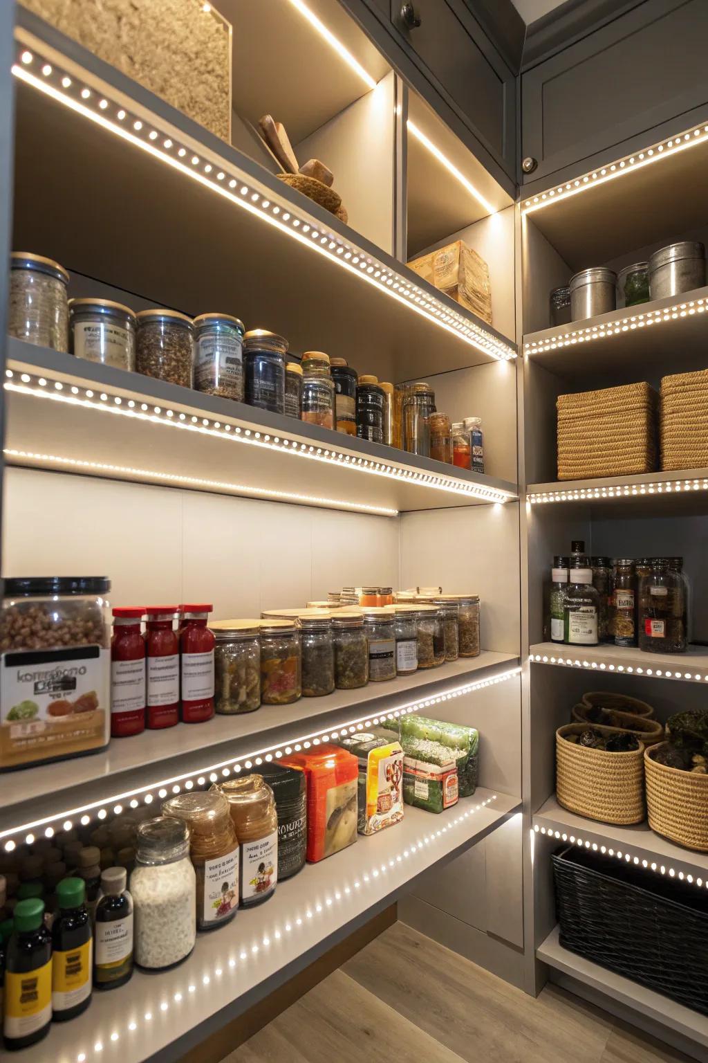 LED strip lighting in a pantry enhances visibility and contributes a contemporary touch.