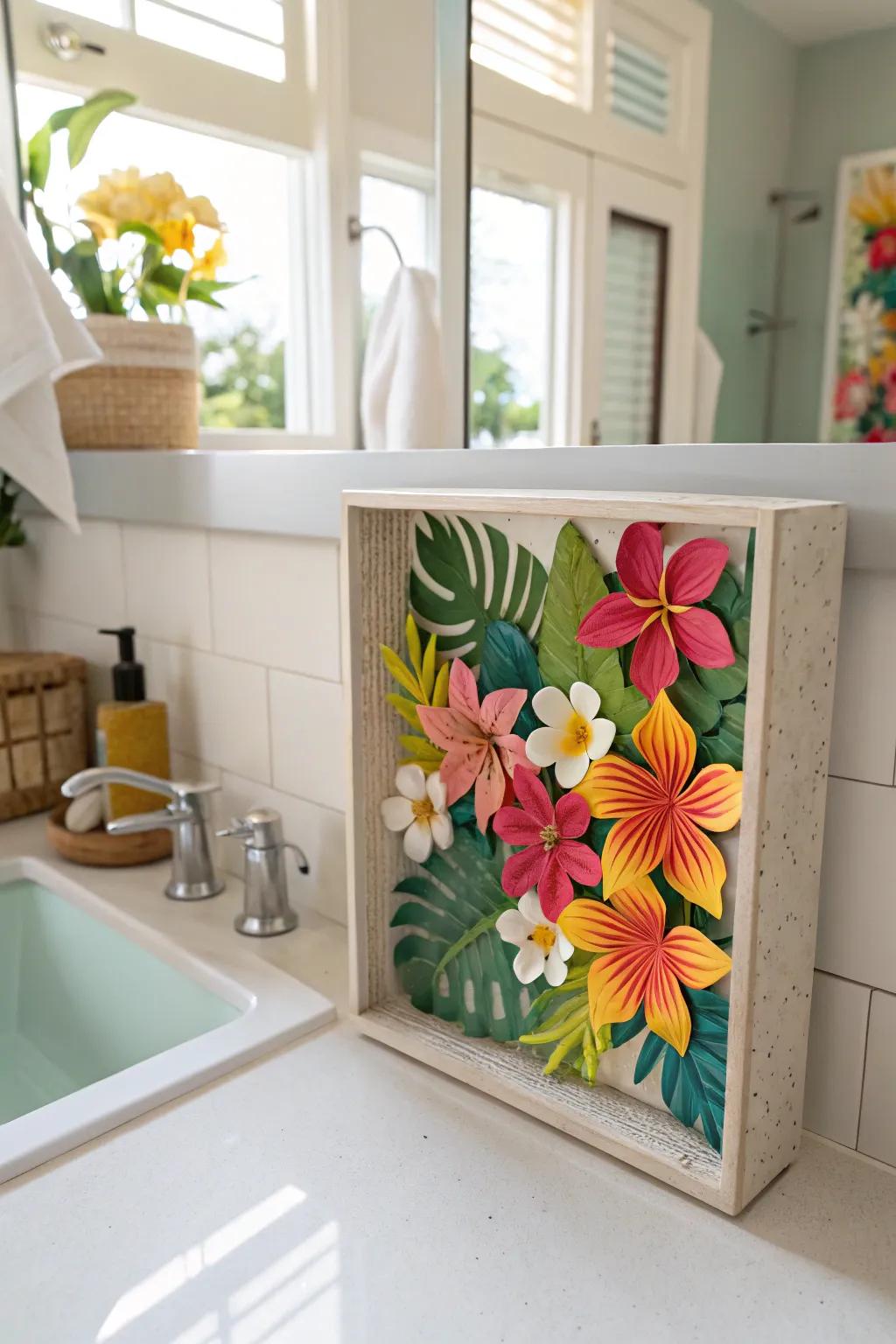 A tropical shadow box conveys a vacation ambiance to your environment.