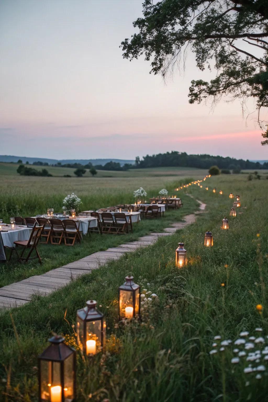 Luminaries introduce warmth and charm to the pasture setting.