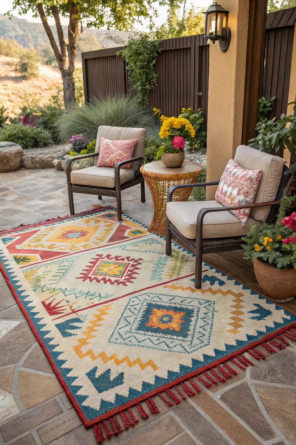 Exterior carpets impart comfort and pigmentation onto your patio.