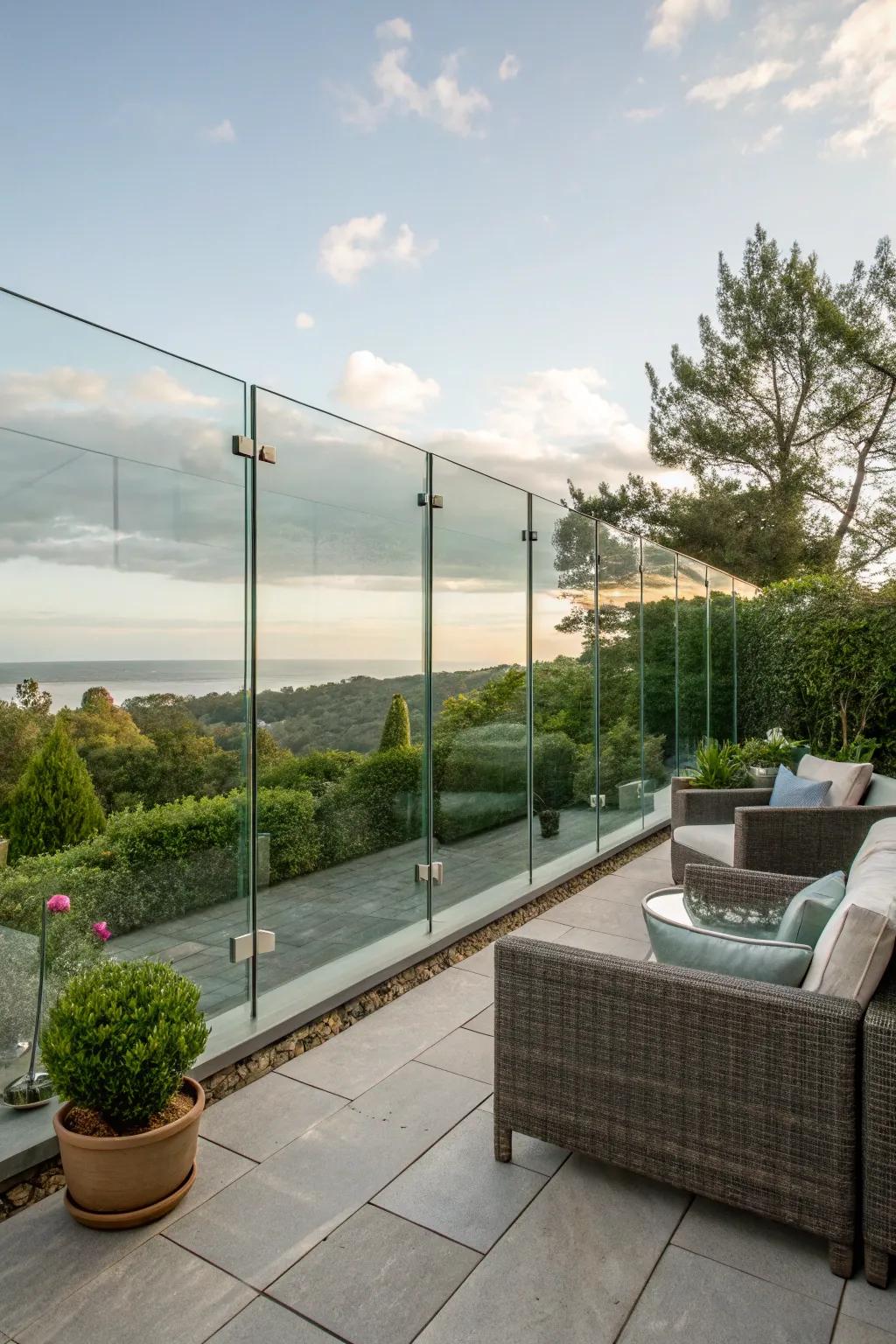 Glass panels supply modern style and unobstructed scenery.