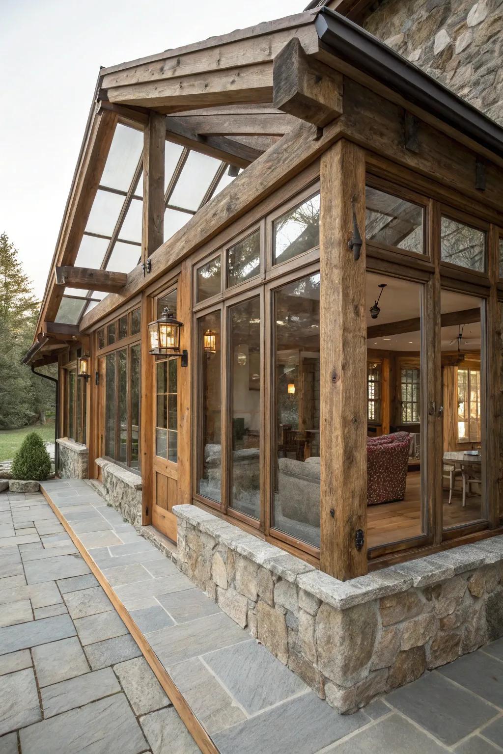 Embrace countryside allure with natural materials in your shelter.