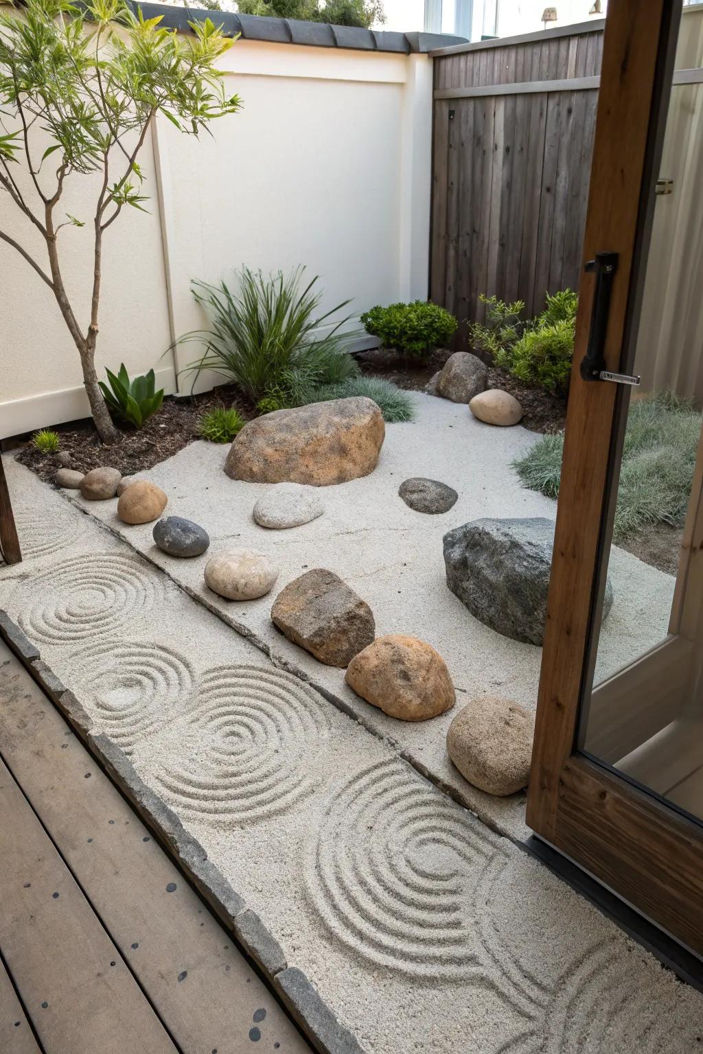 A Zen garden alcove extends a peaceful retreat within your patio.