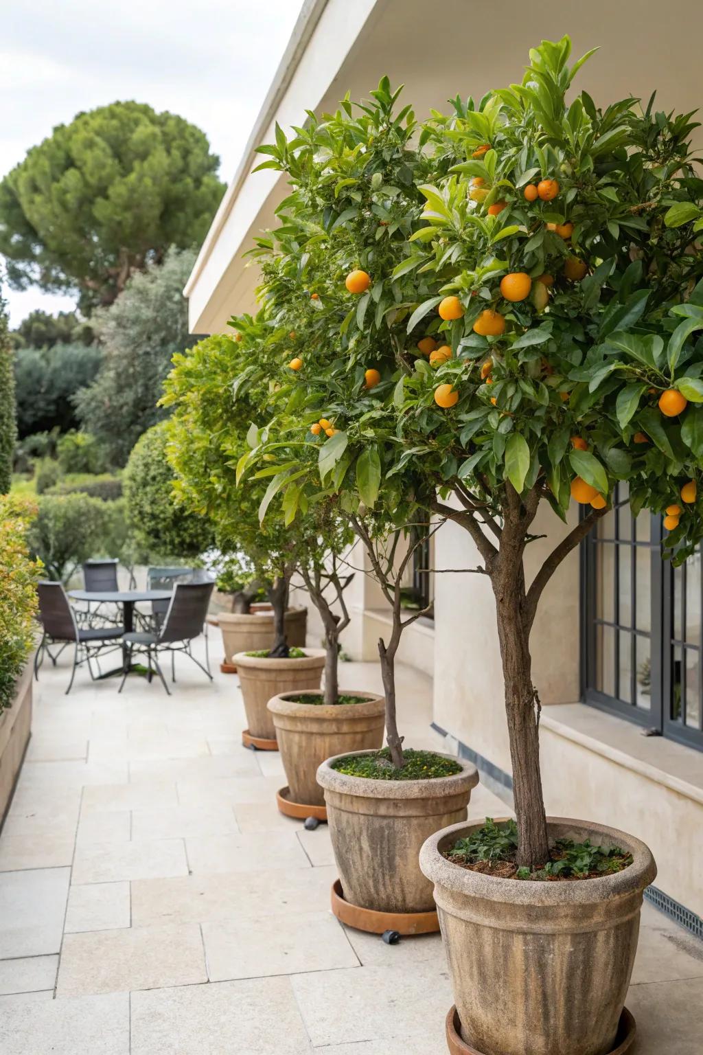 Relish the beauty and bounty of potted orange trees.